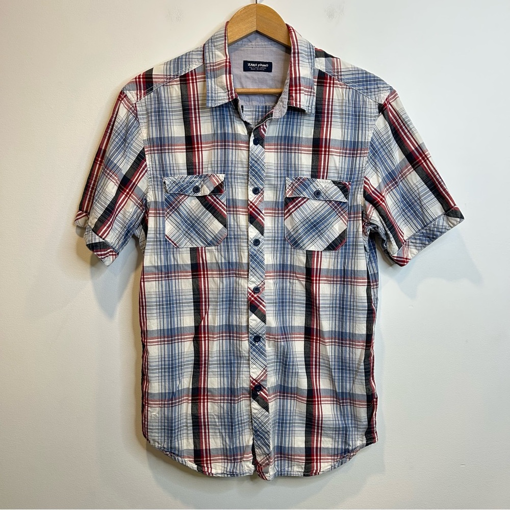 Zara Young Youth Short Sleeve Button Up Plaid Shirt Blue Red